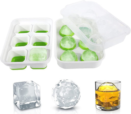 Ice Cube Trays Set of 2 Makes Large Sphere Ice Ball & Large Square Ice Cubes - RLO Tech