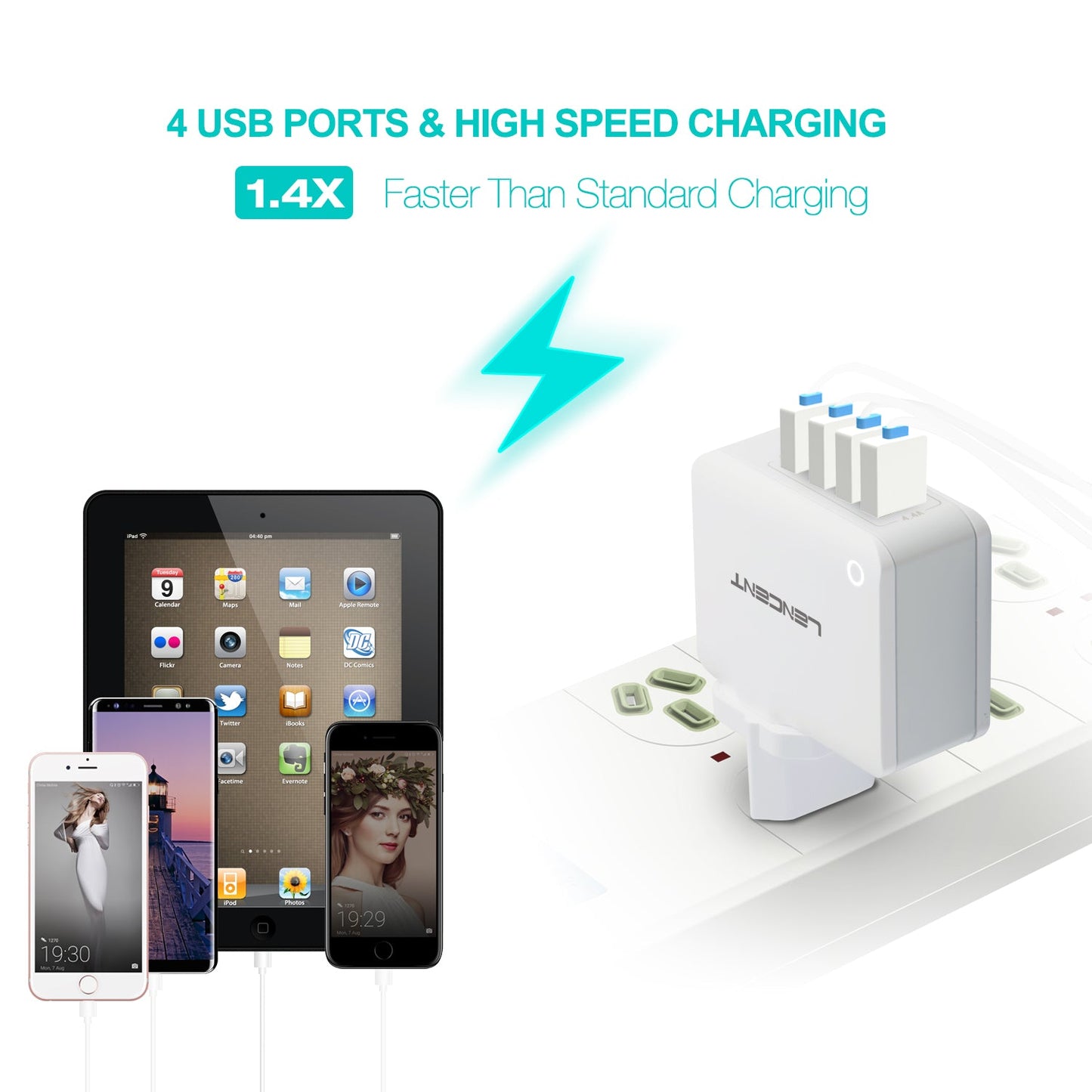 Lencent 4 Port USB Wall Charger with Worldwide Universal Adapters 22W/5V 4.4A - RLO Tech