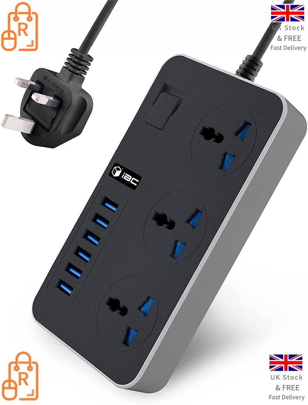 Extension Lead with 6 USB Cable Electric Plug Socket UK Mains Power 3 Gang Way - RLO Tech