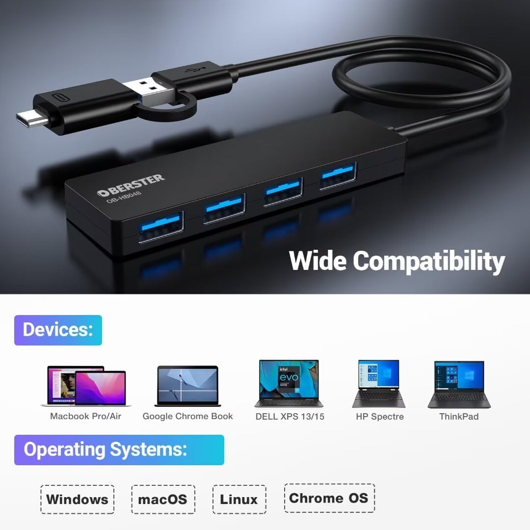 OBERSTER USB C Hub 4-Port USB C Splitter for Mac Xbox Surface PC Etc Ultra Slim