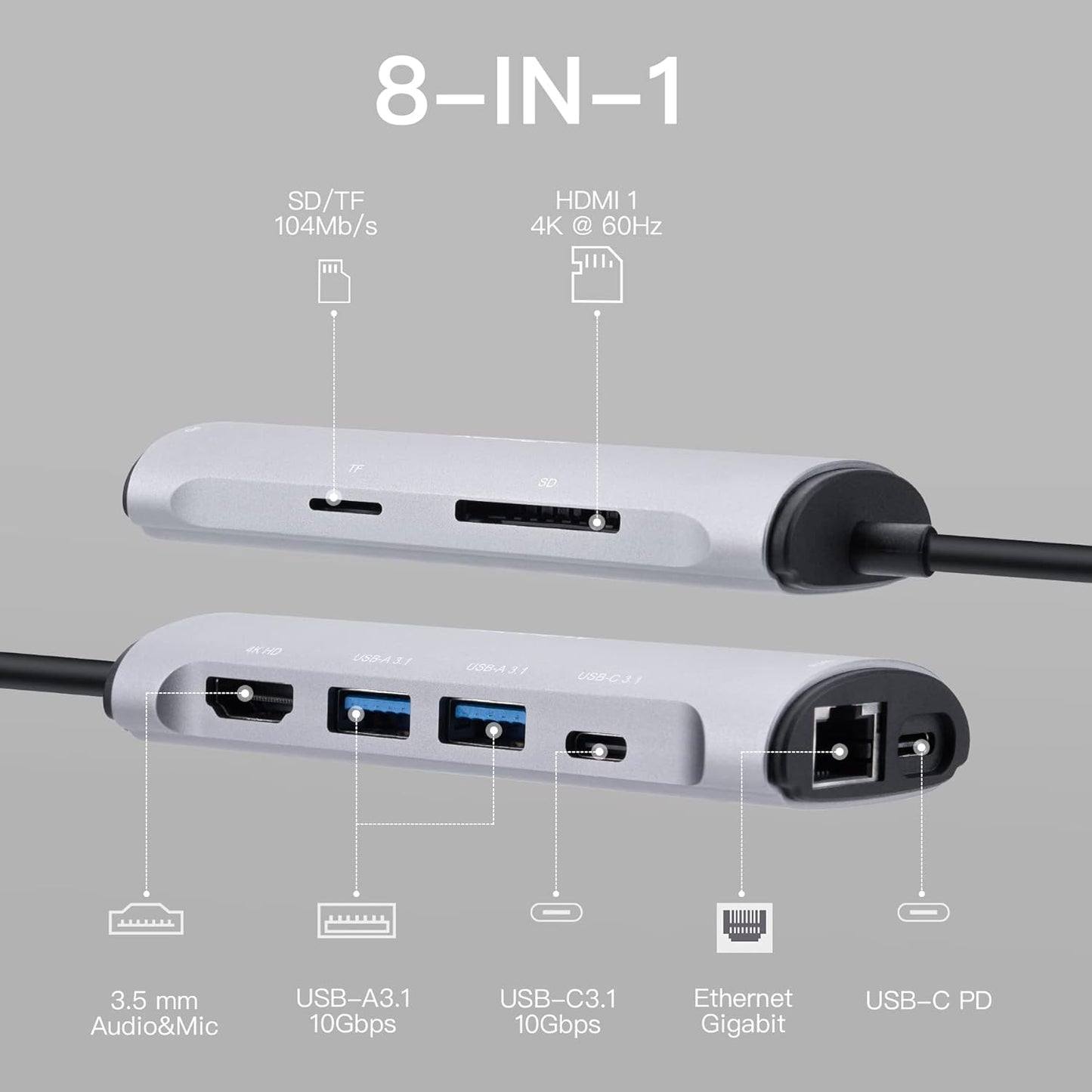 USB C Docking Station  8-in-1 with 4K HDMI 100W PD 2 USB-A 3.1 1 USB-C 3.1