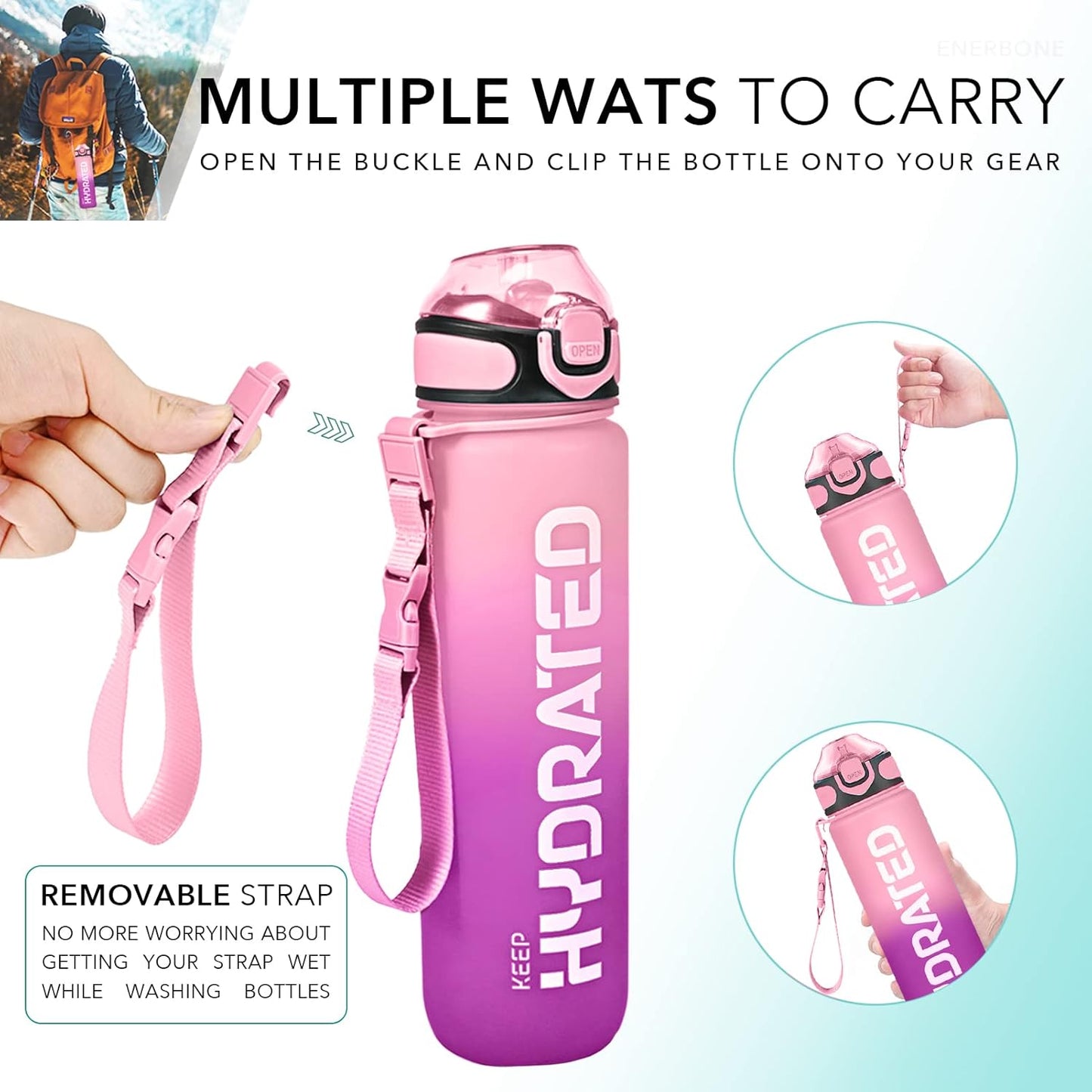 1 L Sports Water Bottle with Time Marking BPA Free Leak-Proof inc Cleaning Tool