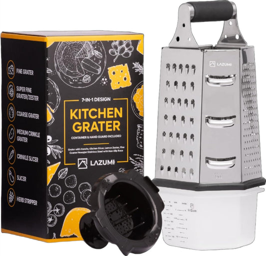 Lazumi 7-in-1 Box Cheese Grater with Container and Finger Guard. Herb Stripper