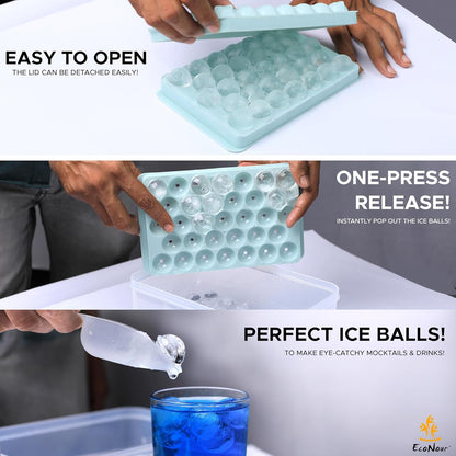 Ice Cube Trays with Lid and Bin Makes 66 Ice Ball Trays with Ice Scoop and Tongs