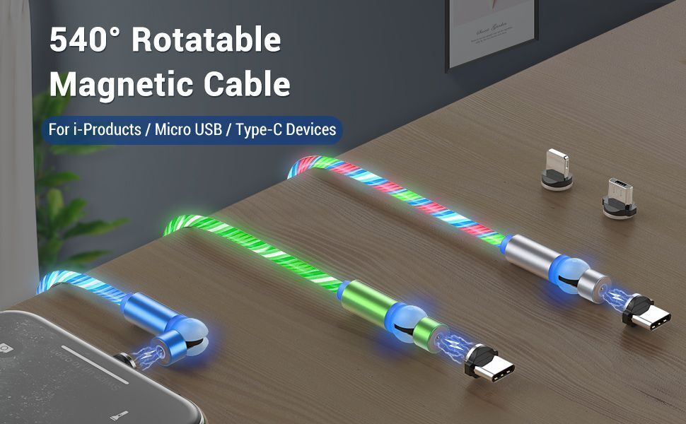 360° Rotatable Streaming Light USB Magnetic Charging Cables, 2-Pack. - RLO Tech