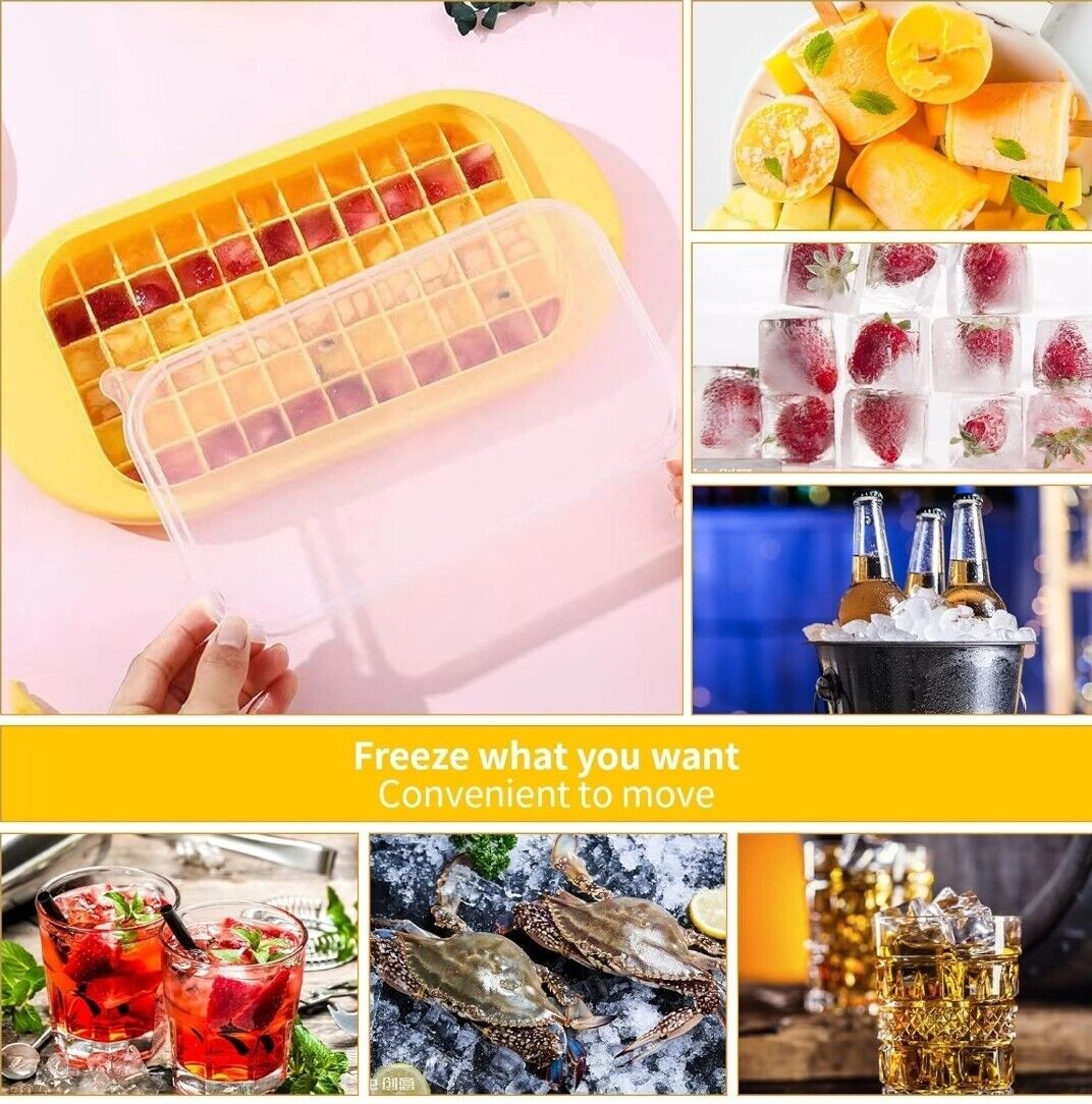 Ice Cube Trays with Lid and Storage Bin Easy Release Makes 66 Cubes - Yellow