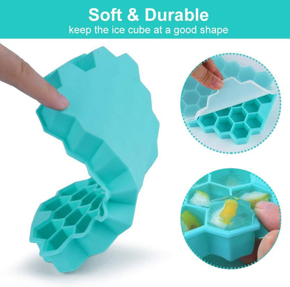 2 Pack Ice Cube Tray Silicone with Lid Honeycomb Shape 37 Cubes Each Tray + Lids - RLO Tech