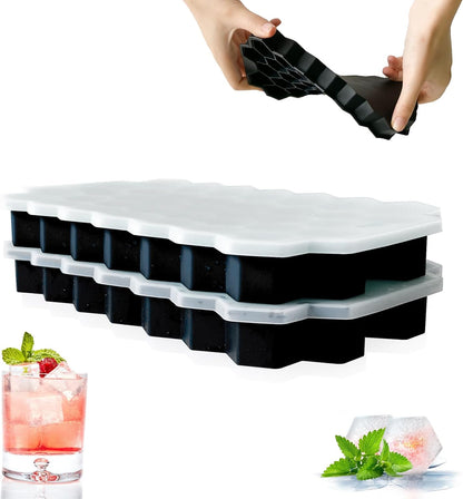 2 Pack Ice Cube Tray Silicone Honeycomb Shape 37 Cubes Each Tray with Lids Black - RLO Tech