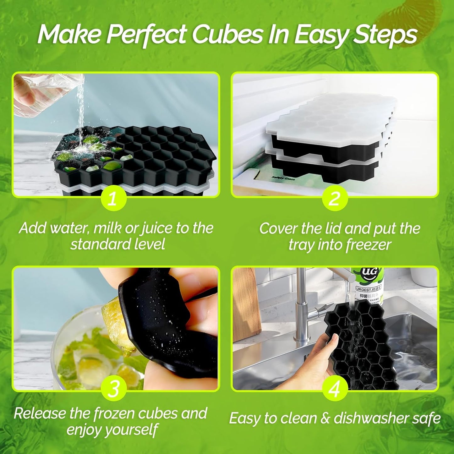 2 Pack Ice Cube Tray Silicone Honeycomb Shape 37 Cubes Each Tray with Lids Black - RLO Tech