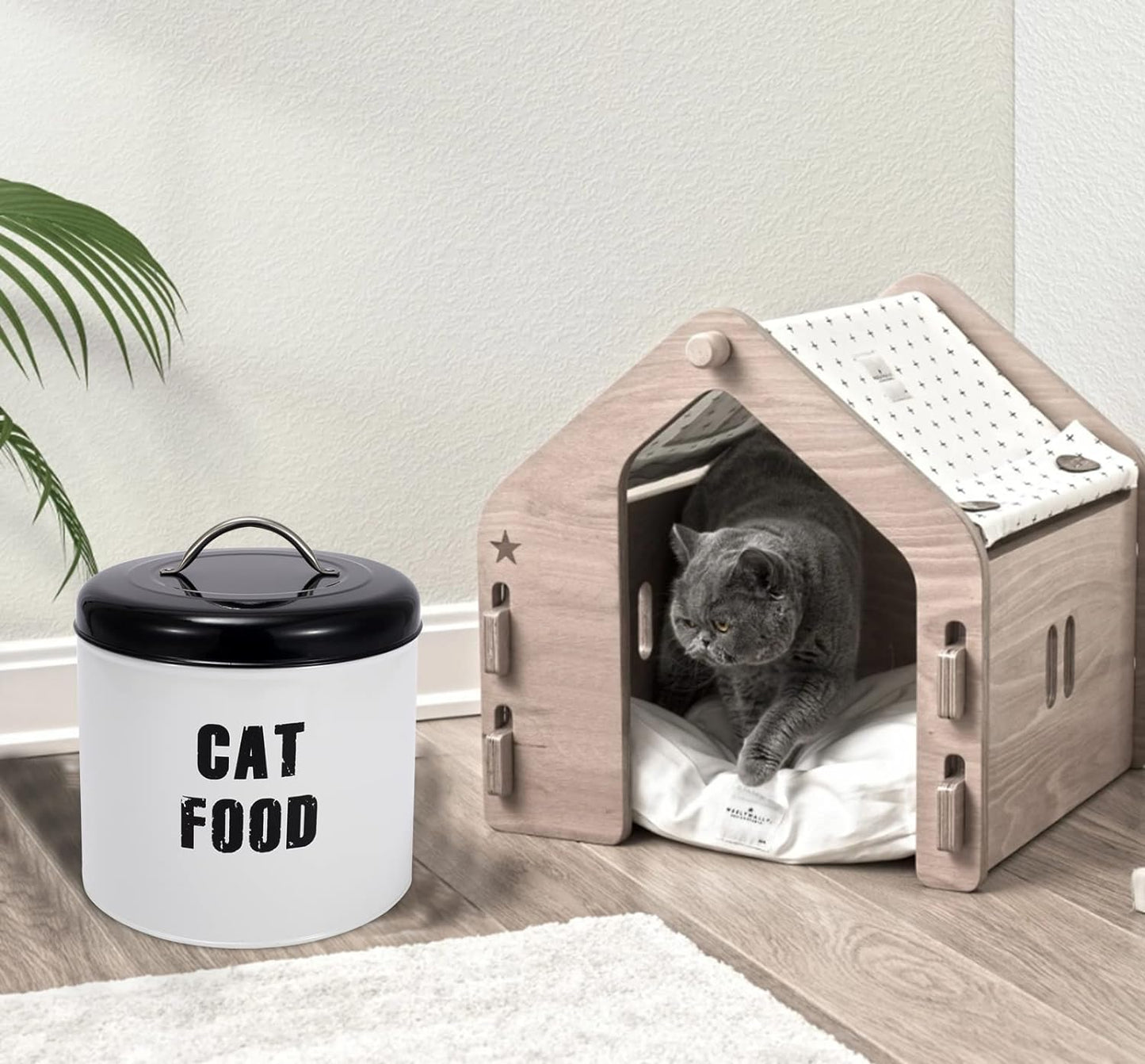 Cat Food Container Treat Storage Tin with Lid and Spoon Countertop Space Saver