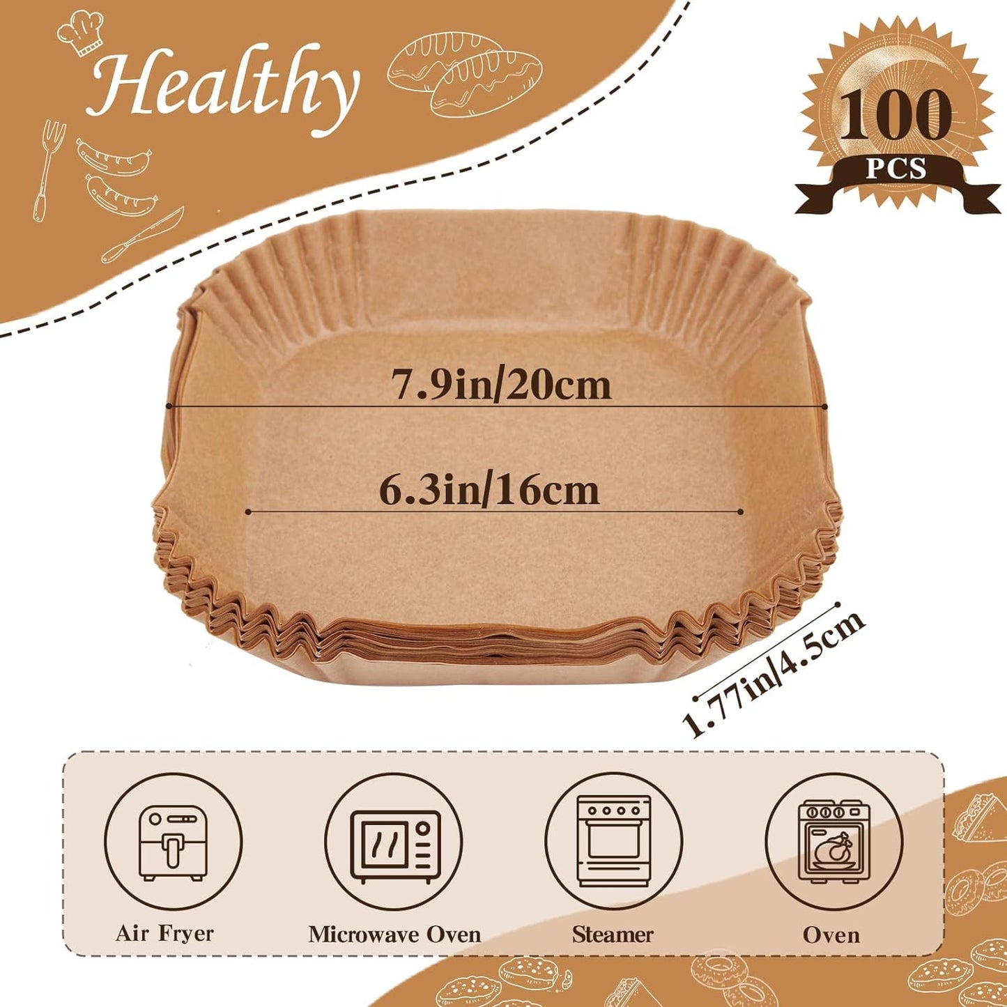 Air Fryer Disposable Paper Liners 100Pcs Greaseproof Food Grade 16cm 6.3 Inches