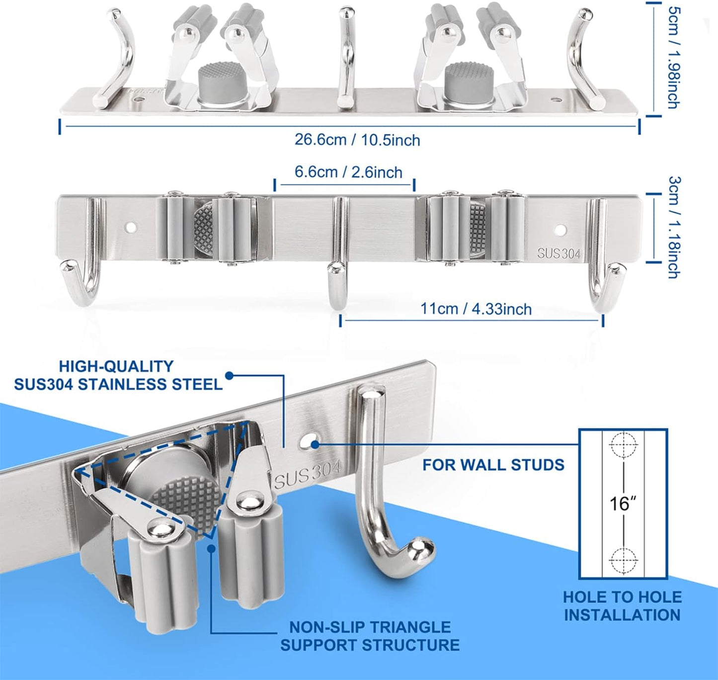 Premium Wall Mounted Organizer for Kitchen Garage Utility Office 2 Racks 3 Hooks