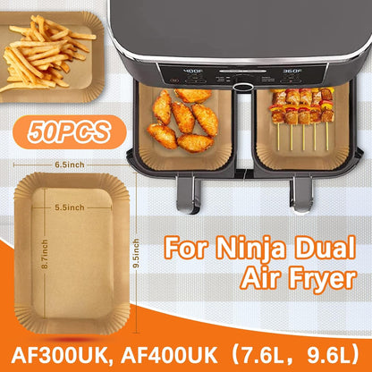 Rectangular Dual Zone Air Fryer Liners for Ninja Tower Tefal Salter etc 50 Pack