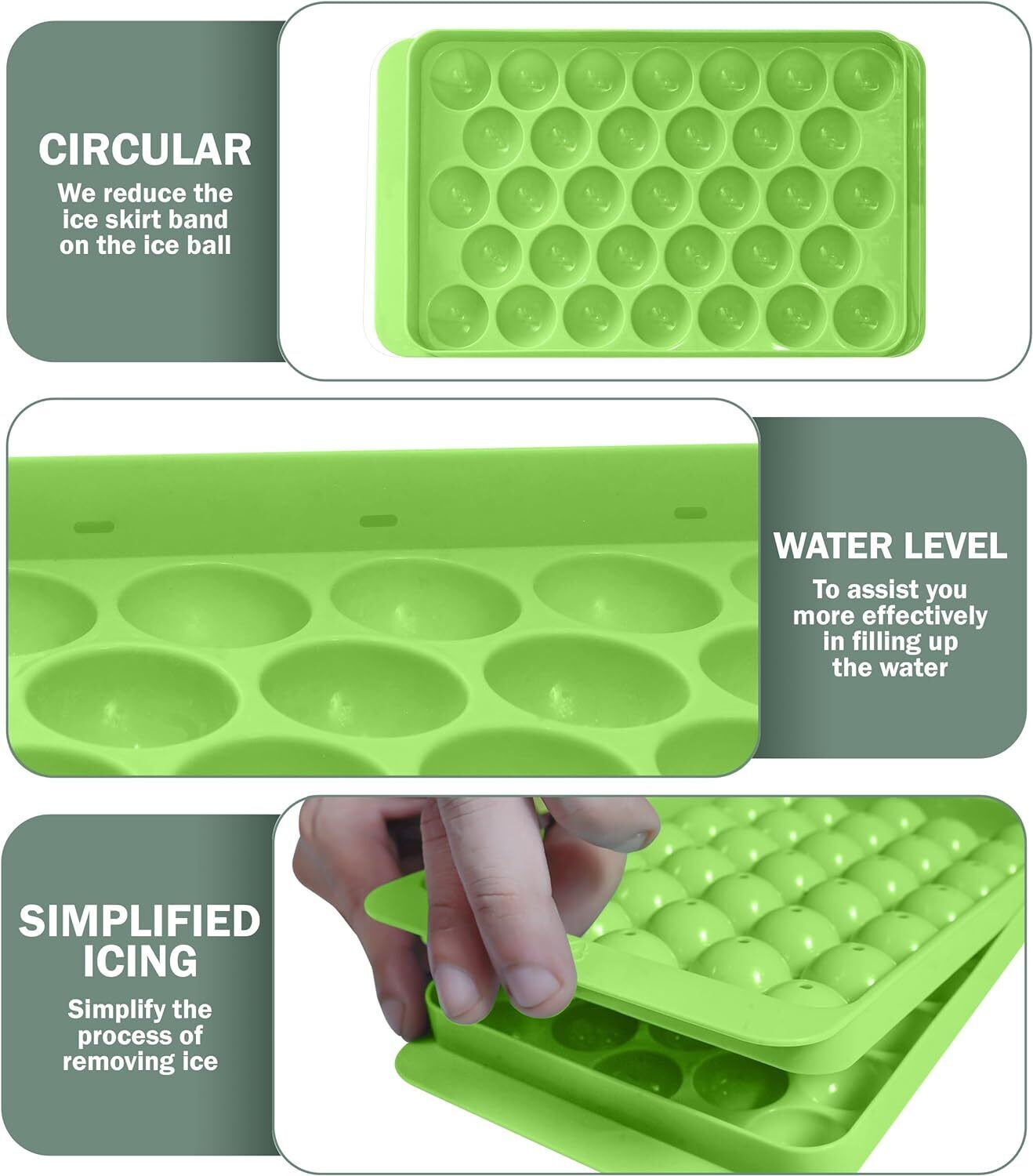 Ice Cube Tray With Lid Makes 33 Ice Balls Dish Washer Safe BPA Free - Green